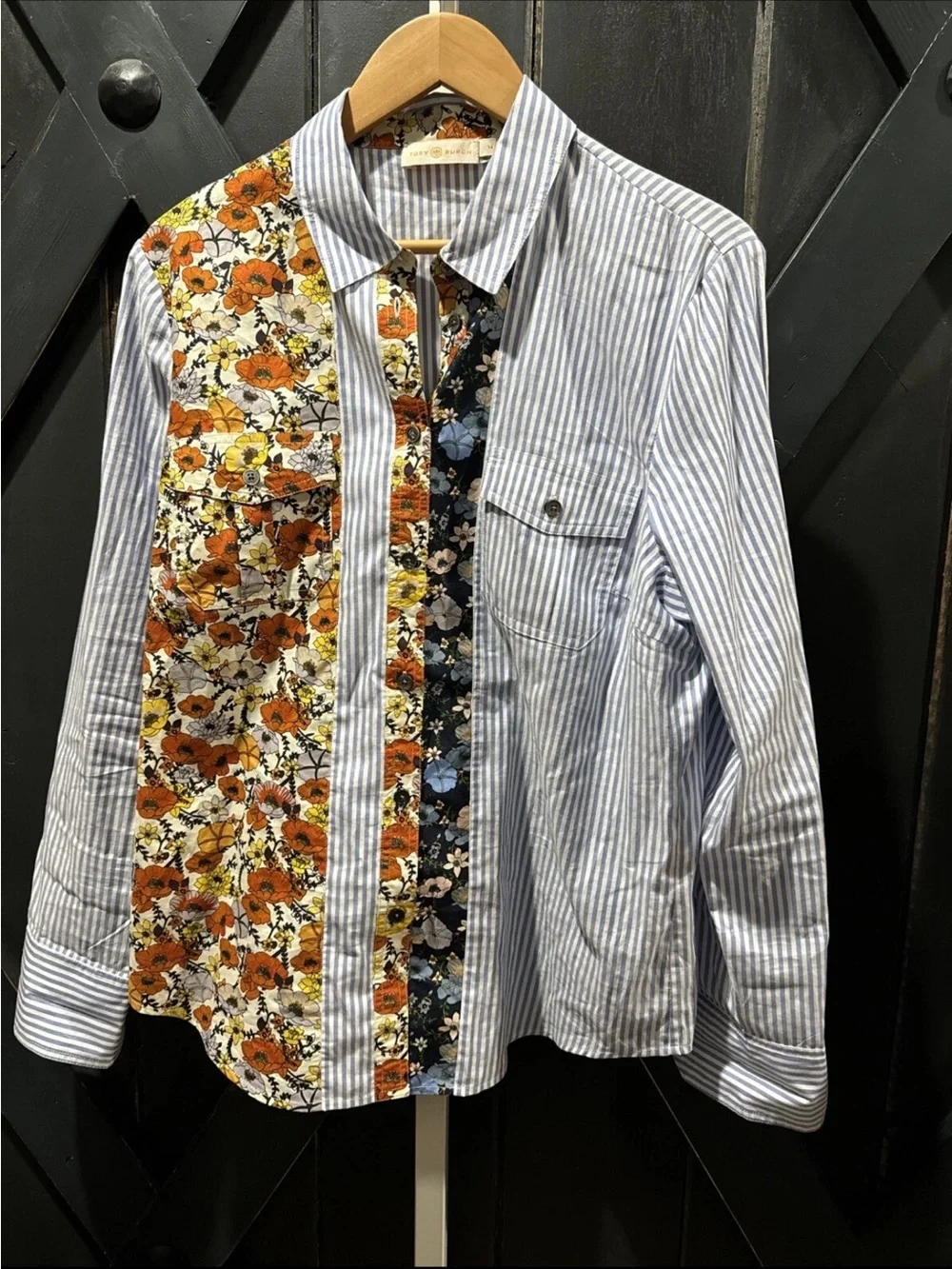 Tory Burch Blue Stripe and Orange Floral Patchwork Button-Down Shirt